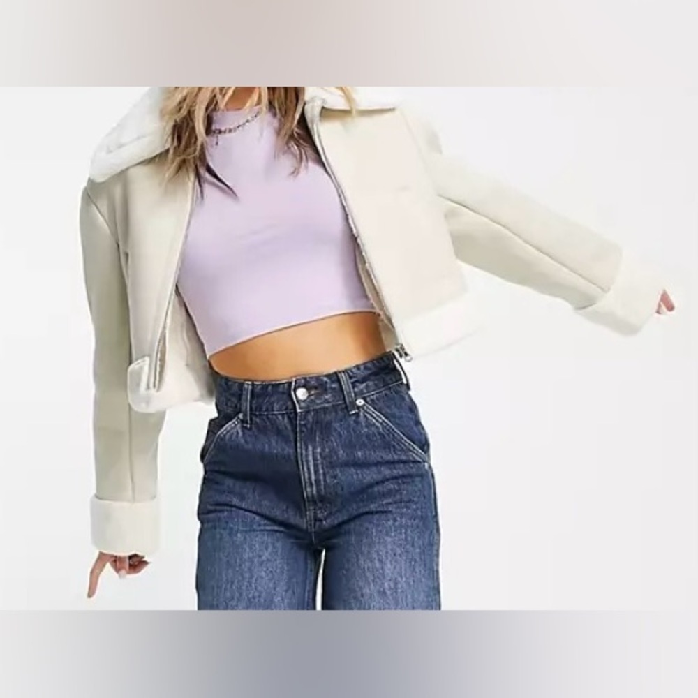Asos Design Cropped Zip Through Aviator Jacket In Cream Size 6